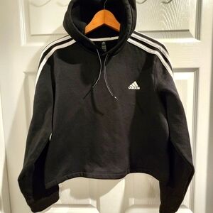 Adidas 3 Stripe Cropped Hooded Pullover Sweatshirt Black White Large